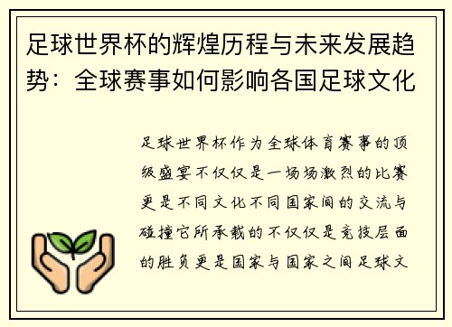 足球世界杯的辉煌历程与未来发展趋势：全球赛事如何影响各国足球文化与竞技水平