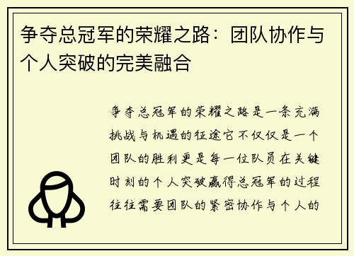 争夺总冠军的荣耀之路：团队协作与个人突破的完美融合