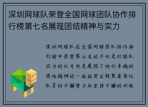 深圳网球队荣登全国网球团队协作排行榜第七名展现团结精神与实力